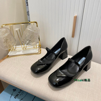 現貨#PRADA 漆皮粗跟瑪麗珍鞋 中跟單鞋  4.5 CM簡約-Misaki精品