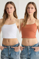 Trendyol Brick-Ecru 2-Pack Cotton Spaghetti Strap Crop Flexible Knit Undershirt