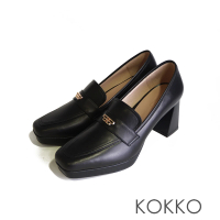 【KOKKO 集團】俐落時尚手工方頭綿羊皮粗高跟樂福鞋(黑色)