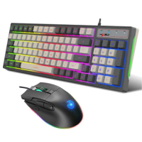 V600+A905 Wired Keyboard Mouse Combo Cool Lighting Effects Full Key No Conflict Multi-function Shortcut Keys for Gaming Office