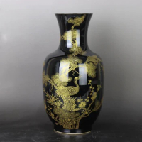 Black Vintage Oriental Vase Tall Chinese Porcelain Crane Pine Vase 38cm Asian Decor Hotel Museum Movie Decor