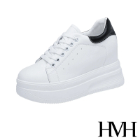 【HMH】真皮運動鞋 厚底運動鞋/真皮厚底內增高經典時尚休閒運動鞋(白黑)