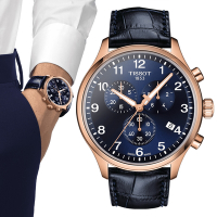 TISSOT天梭 官方授權 韻馳系列 XL計時碼錶石英腕錶-藍x玫瑰金 禮物推薦 畢業禮物 45mm/T1166173604200