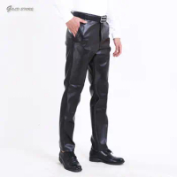 Men Leather Pants Straight Moto &amp; Biker Trousers Male PU Faux Leather Trousers Casual Pants