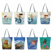 Mermaid 3D Printing Shopping Bag Customizable Bags Simple Large Designer Handbag Shoulder Fruit Shopper for Groceries Sac Totes