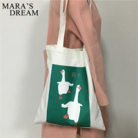 Mara's Dream ins Duck Printing Canvas Tote Bag Soft Shoulder Work Bags Handbag For Women Girl Shopping Bags Cute Big White Goose