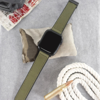 Watchband Apple Watch 全系列通用錶帶 蘋果手錶替用錶帶 黑鋼磁吸扣 外層皮革 內層橡膠錶帶(綠色)