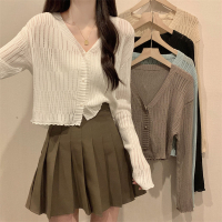 Viền nhún mỏng V Áo khoác cardigan chống nắng nữ đan len mùa hè mới, dáng ôm, tay dài, áo ngắn ins