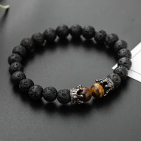 2023 New Black Lava Stone Crown Charm Tiger Eye Beads Bracelet For Men Handmade Healing Balance Yoga Buddha Bangle Jewelry