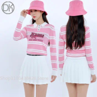 DK Autumn Winter Golf Clothing girl Pink Stripe Knitwear Sweater Anti-Pilling Top Lady Golf Pleated Skirt High Waist Short Skort