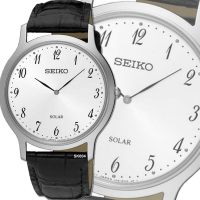 SEIKO 精工 CS系列/SOLAR太陽能 簡約數字銀殼黑皮帶腕錶38㎜ SK004(SUP863P1/V115-0BE0W)