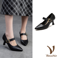 【Vecchio】真皮跟鞋 高跟跟鞋/真皮羊皮尖頭壓花一字釦帶高跟鞋(黑)