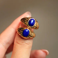 MIQIAO Natural Stone Lapis Lazuli Ring 925 Silver Adjustable Vintage Trend Ring For Women Fine Jewelry 925 Silver Gold Plated