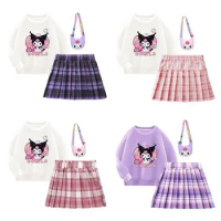 Anime Kawaii Student Clothing Suit Sanrios Kuromi Kids Long Sleeve Pleated Dress Spring Autumn Preppy Jk Set Girls Hoodie Skirt