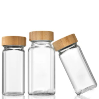 120ml Transparent Bamboo Cover Seasoning Bottle Square Glass Containers Bottle Kitchen Spice Bottle With Hole Sprinkler Jar