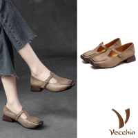 【Vecchio】真皮跟鞋 粗跟跟鞋/全真皮頭層牛皮復古擦色方頭T字帶粗跟鞋(灰)