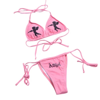 2PCS Women Bikini Suit Push Angel Halter Back Tie-Up Bra Side Strappy Letter Triangle Panty Ladies Sexy Beach Swimwear Biquinis