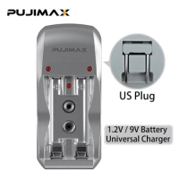 PUJIMAX 2-Slot Battery Wall Smart Charger AA/AAA 1.2V Rechargeable Battery + 9V Rechargeable Battery EU/US Plug Charger Adapter