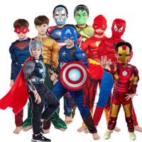 MINISO Superhero Spiderman Captain America Iron Man Cosplay Muscle Thor Hulk Costume Jumpsuit for Kids Halloween Party Clothes