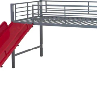 DHP Junior Twin Metal Loft Bed with Slide, Multifunctional Design Silver with Red Slide bed frame for baby