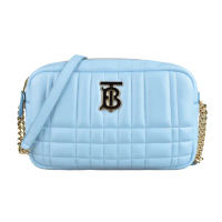 【BURBERRY 巴寶莉】BURBERRY LOLA TB LOGO大小格縫線羔羊皮斜背相機包(淺藍)