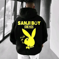 SanjiBoy Jaket Hoodie Hitam Desain Playboy One Piece untuk Pria dan Wanita Ukuran S M L XL 2XL 3XL 4