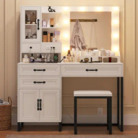 Vanity Desk with Lighted Mirror &amp; Bench, Glass Top Makeup Vanity Set with Charging Station, Drawers &amp; Double Door Cabinet