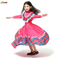 Girls Cosplay Traditional Folk Mexican Lace Red Dress Guadalajara Mexico Folk Dancer Costume Kids Children Fancy Long Dress