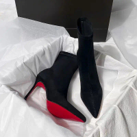 Autumn and winter versatile red-soled short boots for women, versatile stiletto pointed toe slim boo