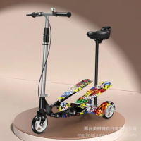 Children Double Pedal Scooter with Seat, Fold 3 Wheels Stepper Scooter Colorful Scooter