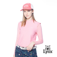 【Lynx Golf】korea女款假兩件式經典直條紋路長袖POLO衫/高爾夫球衫-粉色