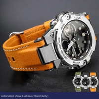 14mm Stainless Steel adapter Italian Genuine Leather Watchband For Casio G-Shock GST-B400 men cowhide Watch Strap nylon Bracelet