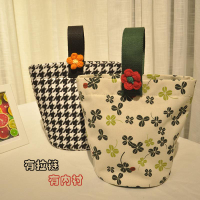 千鳥格子帆布手提拉鏈水桶包簡約小手拎包上班族午餐飯盒袋子韓式