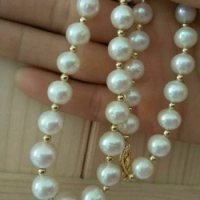AAA+ 9-8mm natural akoya White Pearl Necklace 14k Gold Clasp 18 Inch