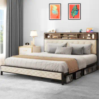 King Size Bed Frame with Storage Headboard &amp; Charging Station,2 outlets and 2 USB ports,Elegant Design Adult bed youth bed,Beige
