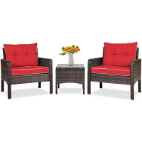 3 Piece Outdoor Patio Furniture Set, Wicker Chairs Set with Glass Top Coffee Table, Thick Cushions, 