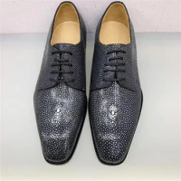 Authentic Real Stingray Leather Handmade Men's Business Dress Shoes Genuine Exotic Skate Skin Male Lace-up Formal Oxford Shoes
