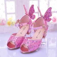 女童涼鞋夏季新款粉色公主鞋小女孩水晶鞋兒童表演高跟鞋銀色