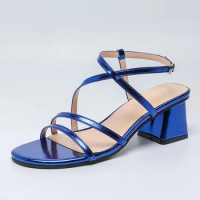 Summer Women 5cm High Heels Blue Sandals Fenty Beauty Large Size Comfortable Fashion Buckle Strap Soft Bohemian Elegant Sandles