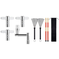 1 Set Drum Key With Continuous Motion Speed Key &amp; 1 Set Drum Brushes + Rods Drum Brushes Sticks Drum Stick Set