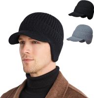 Mens Winter Hat with Brim 2 Pack Warm Earflaps Hat for Men Thick Fleece Lined Knit Winter Beanie Out