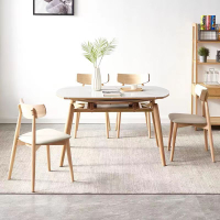 輕奢現代簡約可變圓桌定制實木餐桌家用可伸縮折疊巖板餐桌椅組合