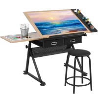 Drafting Table with Stool Set,Tilting Tabletop,Art Craft Desk,Side Table,Work Station,Drawing Desk,Adjustable