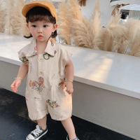 Toddle Ba-ฤดูร้อน backhoe สำหรับเด็กชายและเด็กหญิง จั๊มสูทแขนกุด พิมพ์ลายกระดาษแข็ง แฟชั่นเกาหลี ชุด