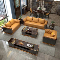 Modern Luxury Leather with Wooden Sofa Set, Fashion 2/3/4 Seater Sofa, Leather Couch for Living Room Accept Customzied Color