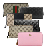【GUCCI 古馳】經典LOGO壓紋拼接拉鍊掀蓋長夾(多款可選)