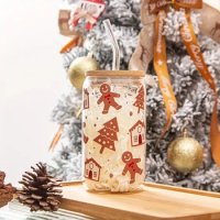 16oz Gingerbread Man Pattern Transparent Drinking Glass Can High Borosilicate With Bamboo Lid Uv Custom Sticker Christmas Gift