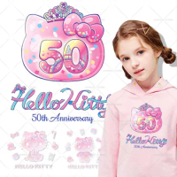 Hello Kitty 50th Anniversary Cartoon Stickers For Kids Clothes Sanrio Patch Iron on Transfers On Clothing Lovely Applique Badge