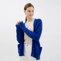 【Arnold Palmer 雨傘】女裝-素色寬鬆版V領開襟線衫外套(藍色)