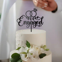 Engaged Cake Topper Engagement Cake Decoration with Ring in Black Acrylic